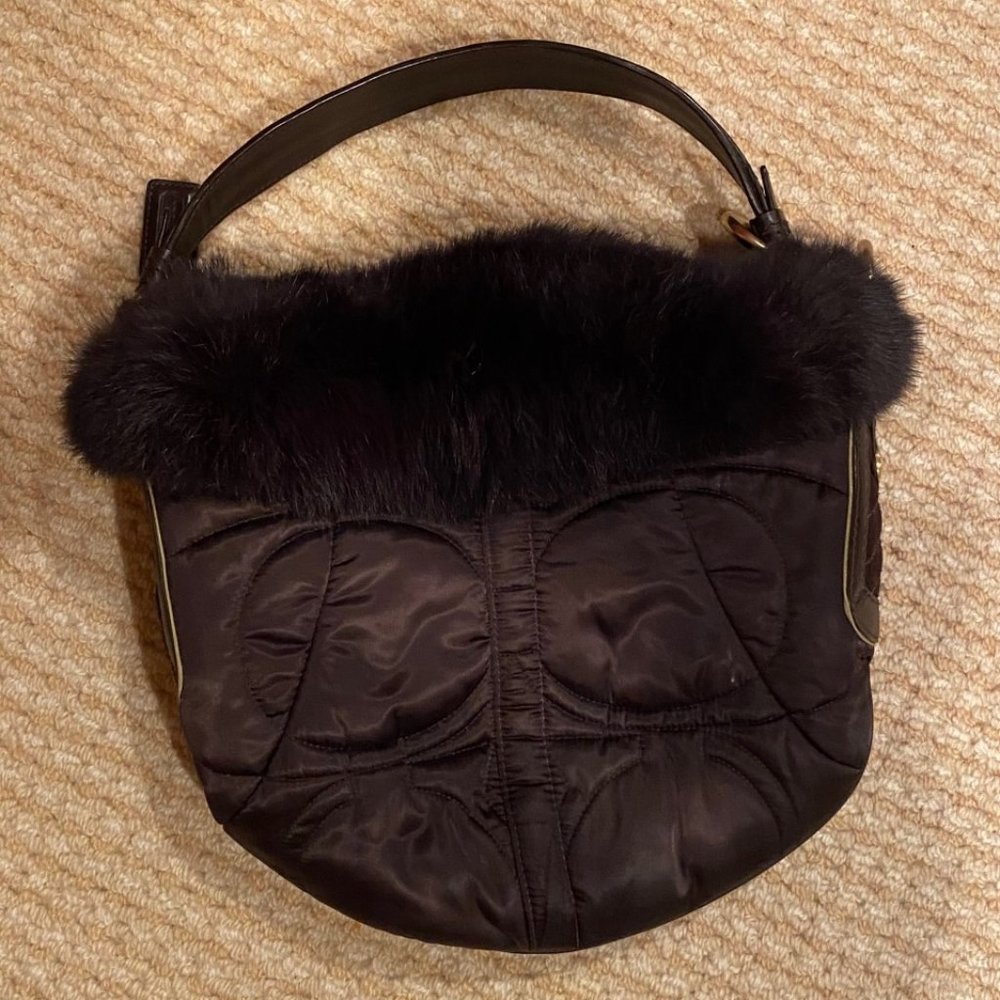 Brown Sateen Coach Purse with Faux Fur Trim